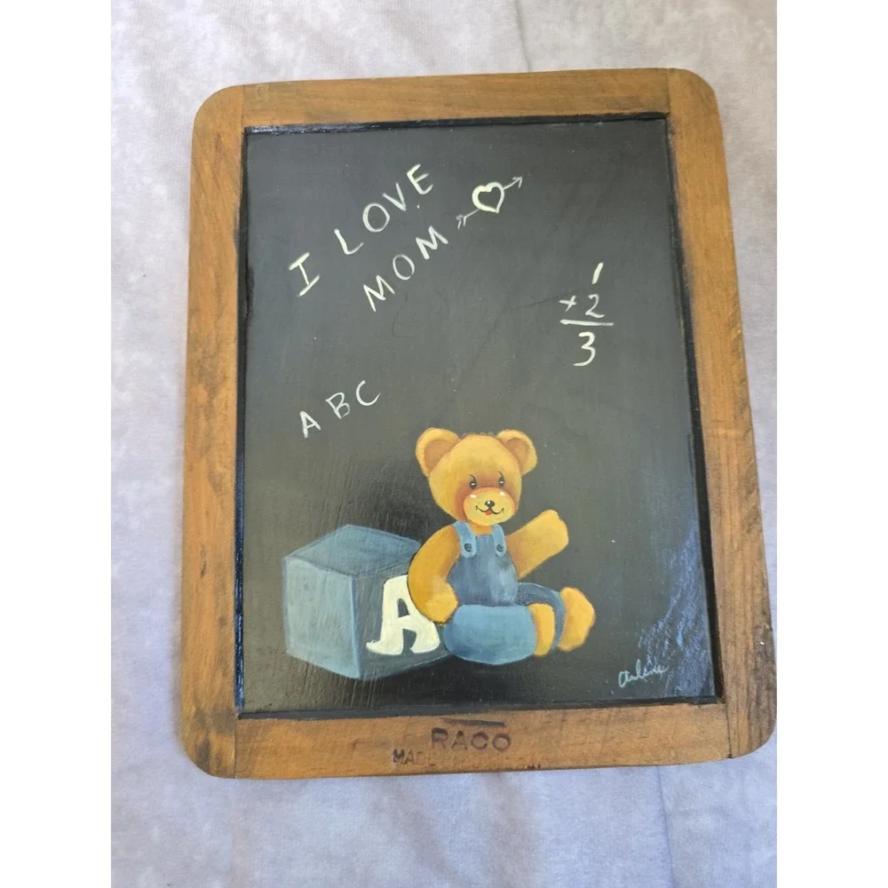 Vintage Wooden School Slate Blackboard Wall Hanging Teddy Bear Nursery Art RACO